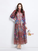 Retro Stand-up Button Printed Dress