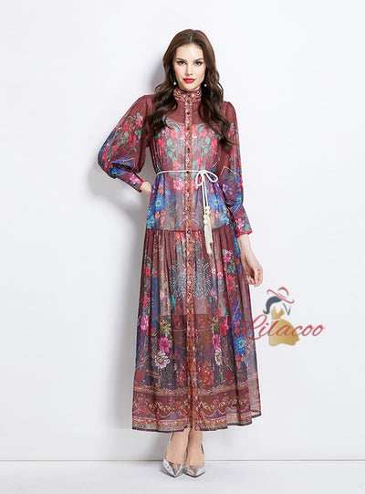 Retro Stand-up Button Printed Dress