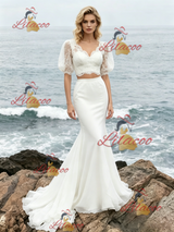 White Mermaid Two Piece Puff Sleeve Wedding Dress