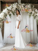 White Mermaid Puff Sleeve Appliques Wedding Dress