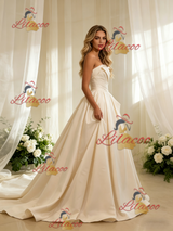 Champagne Satin Strapless Pleats Wedding Dress