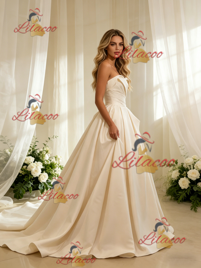 Champagne Satin Strapless Pleats Wedding Dress