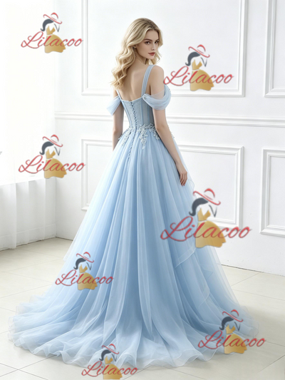 Blue Tulle Lace Straps Prom Dress