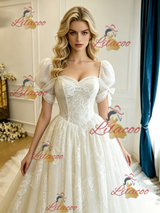 Beige White Tulle Lace Puff Sleeve Appliques Wedding Dress