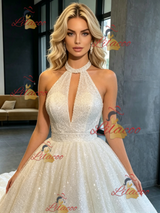 White Sequins Halter Backless Wedding Dress