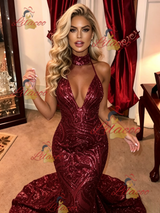 Burgundy Mermaid Sequins Halter Prom Dress