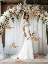 White Mermaid Puff Sleeve Appliques Wedding Dress