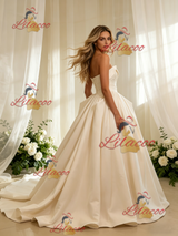 Champagne Satin Strapless Pleats Wedding Dress