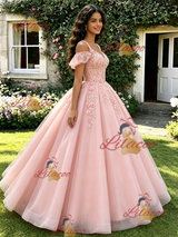 Pink Tulle Straps 3D Flower Quinceanera Dress