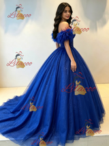 Blue Tulle Off the Shoulder Quinceanera Dress