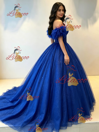 Blue Tulle Off the Shoulder Quinceanera Dress