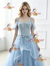Blue Tulle Lace Straps Prom Dress