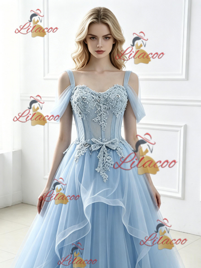 Blue Tulle Lace Straps Prom Dress
