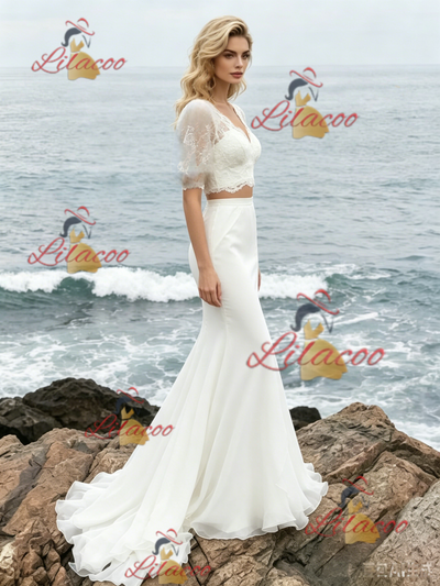 White Mermaid Two Piece Puff Sleeve Wedding Dress