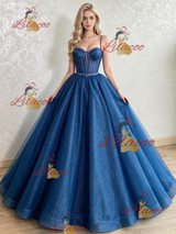 Blue Sequins Spaghetti Straps Beading Prom Dress