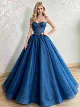 Blue Sequins Spaghetti Straps Beading Prom Dress