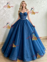 Blue Sequins Spaghetti Straps Beading Prom Dress