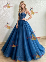 Blue Sequins Spaghetti Straps Beading Prom Dress