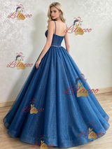 Blue Sequins Spaghetti Straps Beading Prom Dress
