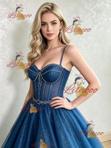 Blue Sequins Spaghetti Straps Beading Prom Dress