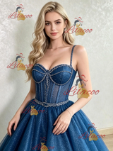 Blue Sequins Spaghetti Straps Beading Prom Dress