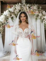 White Mermaid Puff Sleeve Appliques Wedding Dress