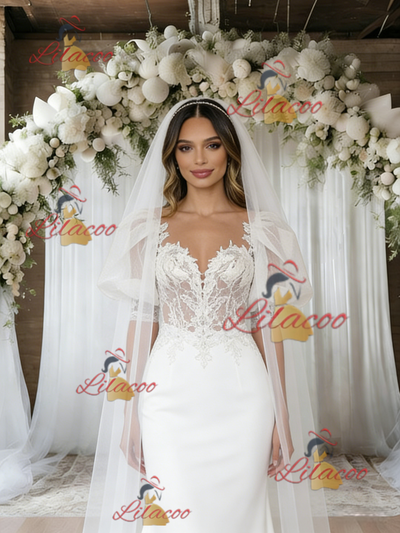 White Mermaid Puff Sleeve Appliques Wedding Dress