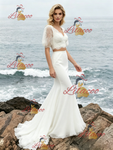 White Mermaid Two Piece Puff Sleeve Wedding Dress