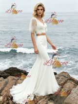 White Mermaid Two Piece Puff Sleeve Wedding Dress