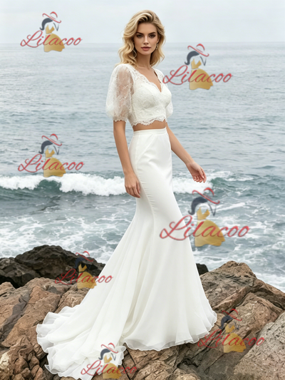 White Mermaid Two Piece Puff Sleeve Wedding Dress