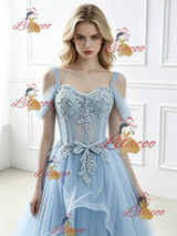 Blue Tulle Lace Straps Prom Dress