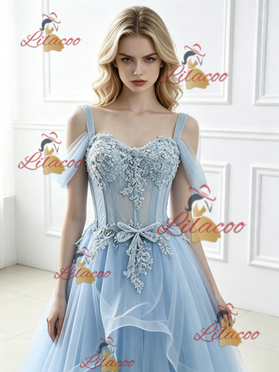 Blue Tulle Lace Straps Prom Dress