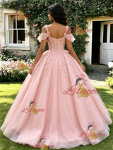 Pink Tulle Straps 3D Flower Quinceanera Dress