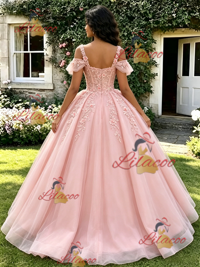 Pink Tulle Straps 3D Flower Quinceanera Dress