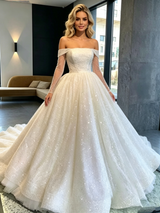 White Sequins Long Sleeve Off the Shoulder Wedding Dress