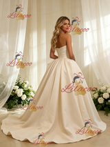 Champagne Satin Strapless Pleats Wedding Dress