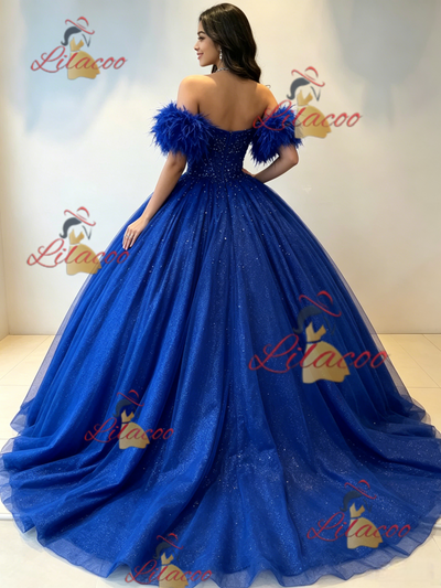 Blue Tulle Off the Shoulder Quinceanera Dress