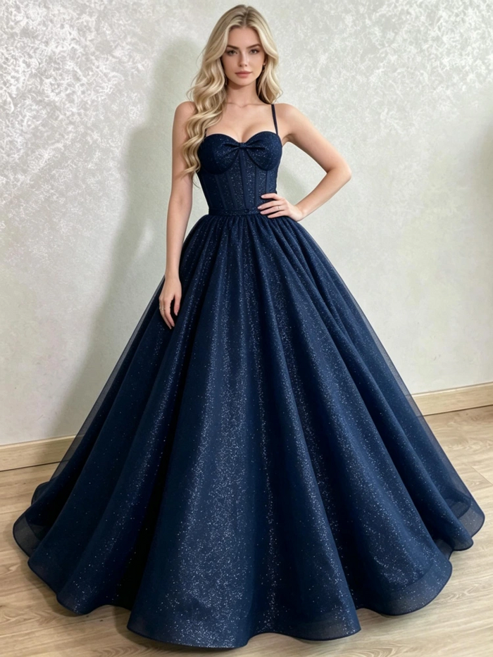 Navy Blue Spaghetti Straps Sequins Prom Dress