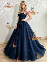 Navy Blue Spaghetti Straps Sequins Prom Dress