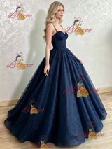 Navy Blue Spaghetti Straps Sequins Prom Dress