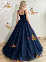 Navy Blue Spaghetti Straps Sequins Prom Dress