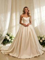 Champagne Satin Strapless Pleats Wedding Dress