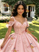 Pink Tulle Straps 3D Flower Quinceanera Dress