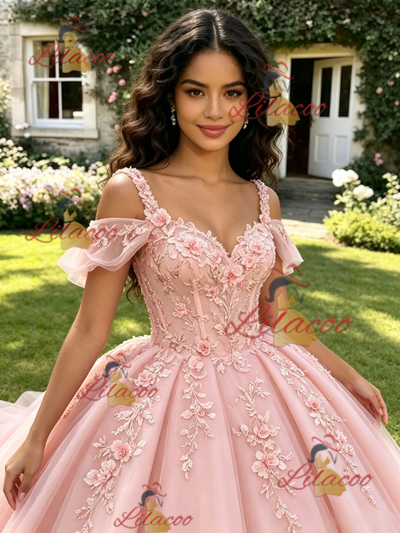 Pink Tulle Straps 3D Flower Quinceanera Dress