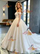 White Sequins Long Sleeve Off the Shoulder Wedding Dress