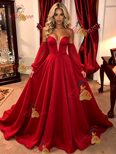 Red Long Sleeve Strapless Prom Dress