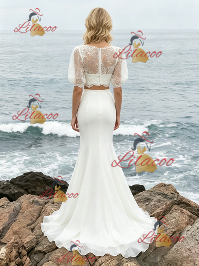 White Mermaid Two Piece Puff Sleeve Wedding Dress
