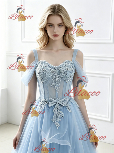 Blue Tulle Lace Straps Prom Dress