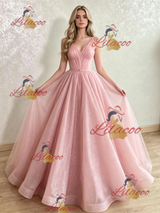 Pink Tulle Sequins V-neck Prom Dress