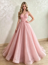 Pink Tulle Sequins V-neck Prom Dress
